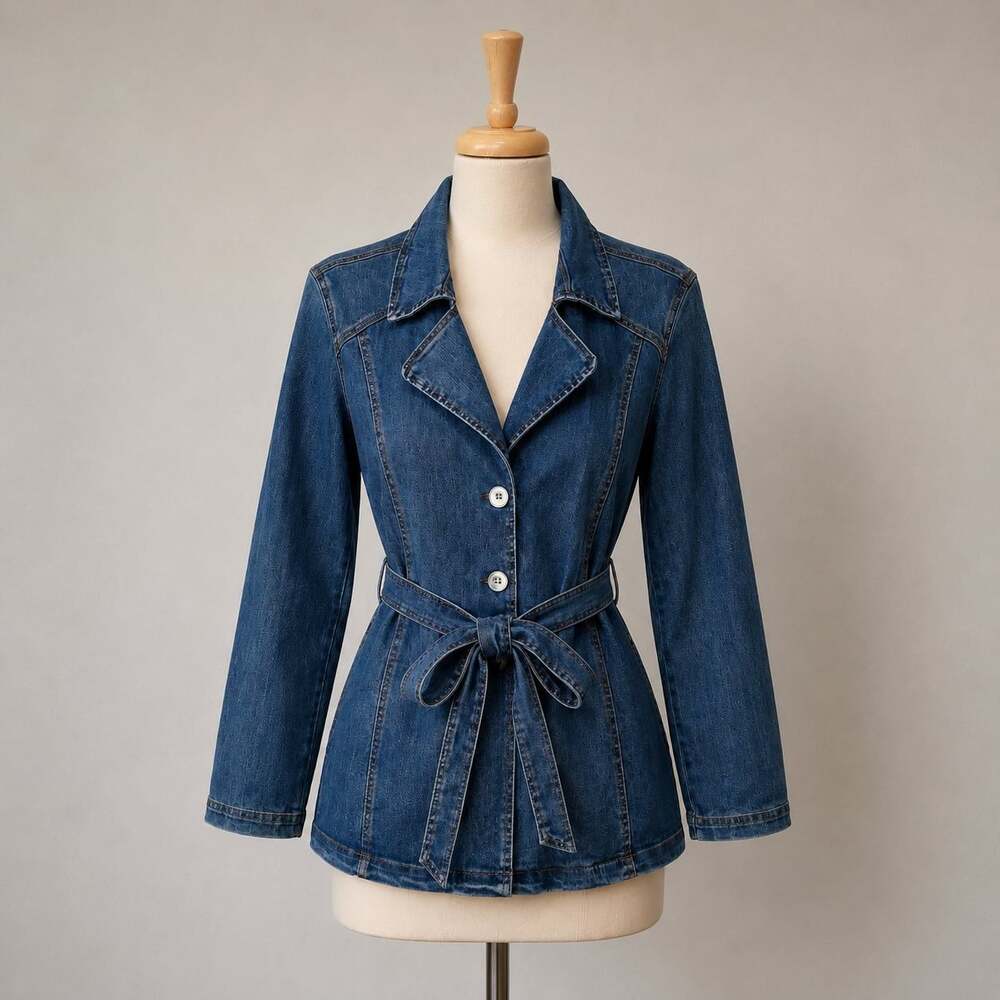 DG2 by Diane Gilman Denim Tie Waist Jacket Stretch Jean Jacket Size L NWT
